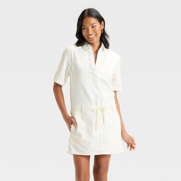 Universal Thread - Women's Short Sleeve Drop Waist Drawstring Mini Dr White - Picture 1 of 3